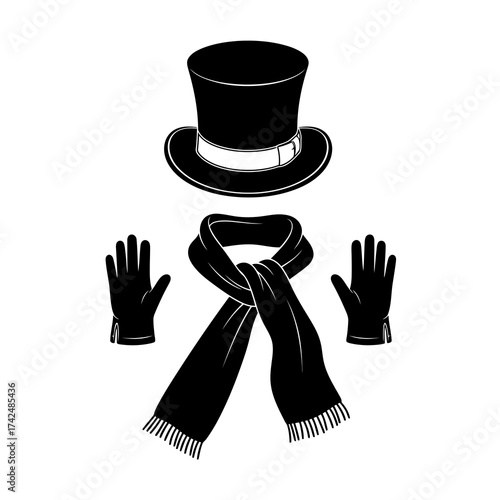Black silhouette of a top hat scarf and gloves isolated on white background silhouette