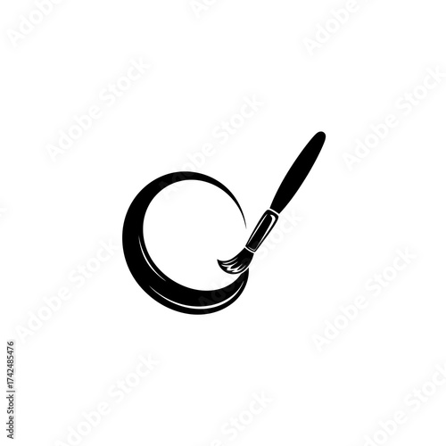 Black silhouette of a paintbrush creating a curved stroke on a white background isolated on white background