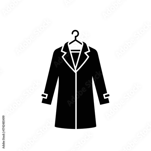 Black silhouette of a long coat on a hanger isolated on white background