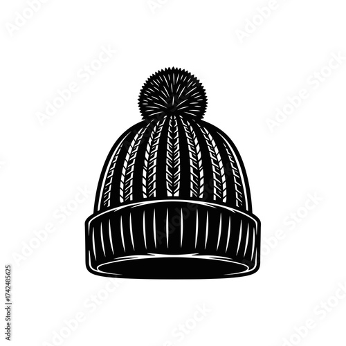 Black knitted beanie with pom pom silhouette isolated on white background