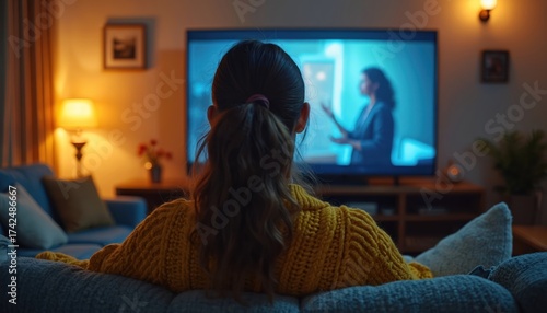 Woman watches movie on big screen TV from cozy sofa. Enjoying leisure time indoors, relaxing at home with entertainment. Nighttime screen viewing, modern digital media consumption.