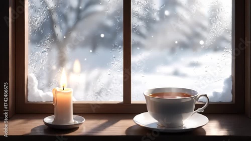 Cozy Winter Morning with Candle and Hot Tea by the Window
