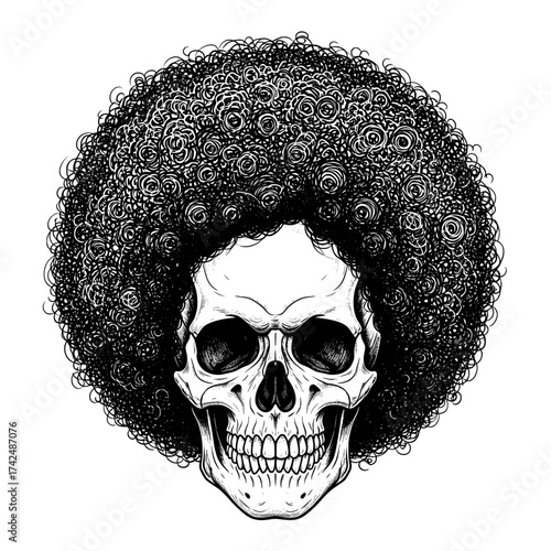 Skull with afro hairstyle detailed black and white drawing