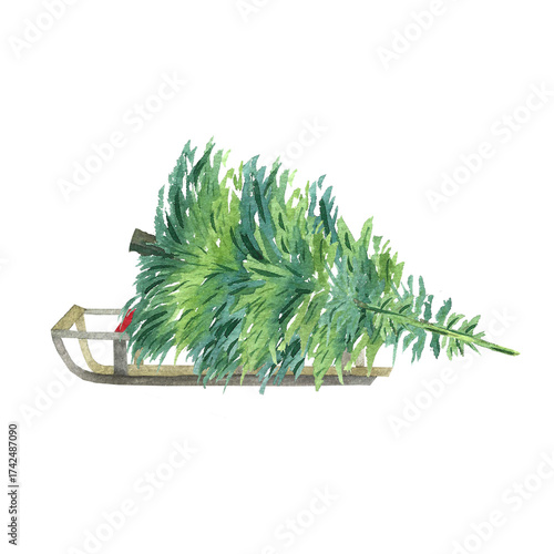 Christmas tree on a sled, watercolor illustration for postcards, design, tableware, and textiles