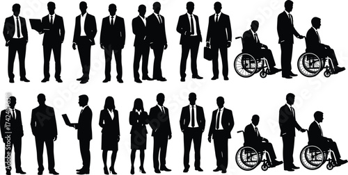 Business professional silhouettes, diversity and inclusion, wheelchair interaction, formal attire, black vector icons, workplace equality, isolated on white background