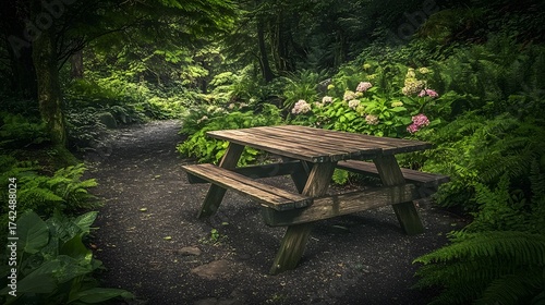 Rustic picnic table setup along forest trail with lush green foliage