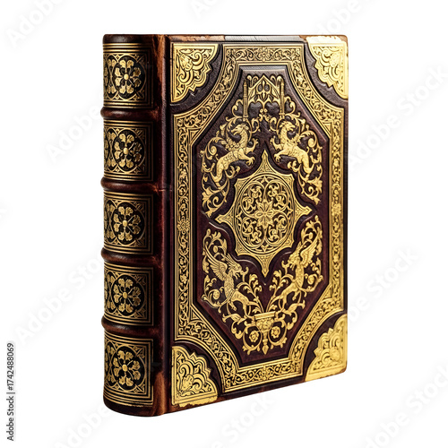 Ornate antique book with gold detailing isolated on a transparent background for design
