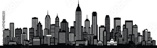City skyline silhouette, urban architecture, skyscrapers and spires, black vector icon, metropolitan landscape, isolated on white background