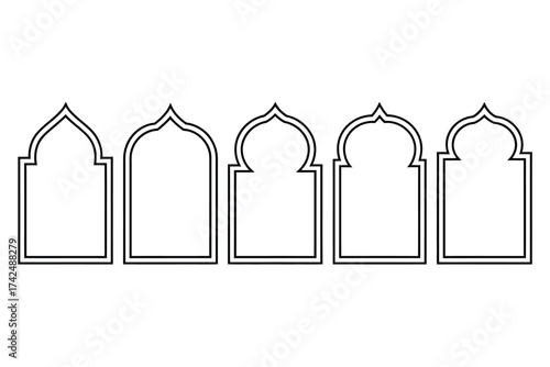 Set of five black outline decorative arabic style archway frames versatile scalable vector illustration eps silhouette vector illustration white background