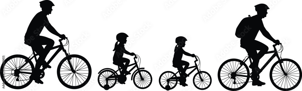 Fototapeta premium Cycling family silhouettes, parents and children riding bicycles, helmet safety, outdoor activity, black vector icons, isolated on white background
