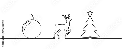 One line drawing Christmas tree toys Black and white continuous line Merry Christmas banner, minimalist style. Editable stroke