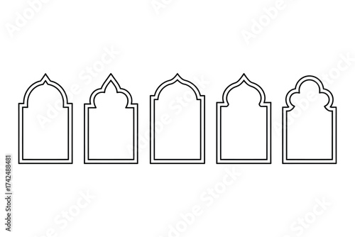 Set of five decorative black outline islamic arches and window frames vector illustration scalable eps icon silhouette vector illustration white background