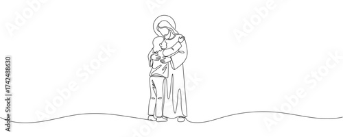 One continuous line drawing of Jesus Christ hugs the child Editable stroke