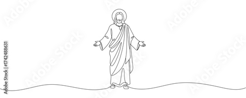 Continuous line of Jesus reaching out and giving love.one line drawing of the Lord Jesus giving love to the people. Single line vector illustration. Editable stroke