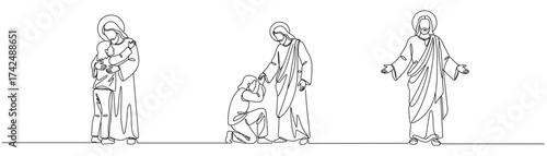 continuous line of Jesus reaching out and giving love.one line drawing of the Lord Jesus giving love to the people.single line vector illustration.isolated white background Editable stroke