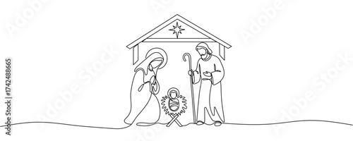 Continuous one line Christmas vector Christian nativity scene of baby Jesus with Mary and Joseph. Bethlehem scene. Editable stroke