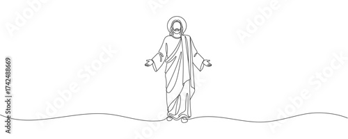 Continuous line of Jesus reaching out and giving love.one line drawing of the Lord Jesus giving love to the people. Single line vector illustration. Editable stroke