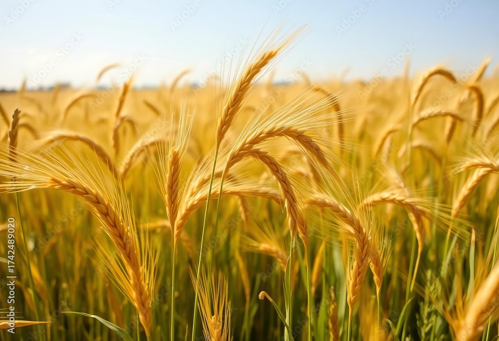 Obraz premium Golden wheat swaying gently in a summer breeze, sunlit field, rye, environment