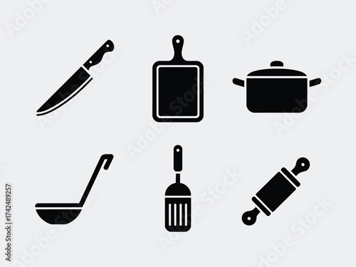 Vector bundle 6 clean black filled kitchen utensil icons for culinary design and cooking graphics scalable eps silhouette vector illustration white background