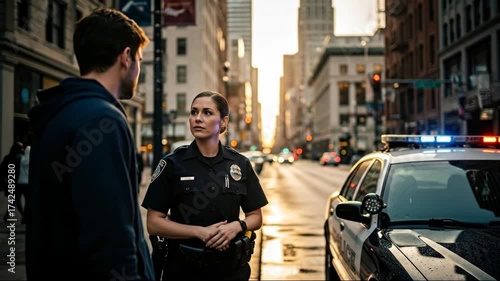 A man talks to a woman police officer on a city street with a patrol car parked nearby at sunset, urban authority footage.