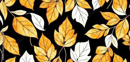 Golden, black, white watercolor & ink leaves seamless vector pattern Scandinavian style, botanical, watercolor