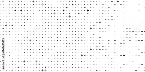 Seamless background pattern of evenly spaced black plus symbols of different sizes and opacity.