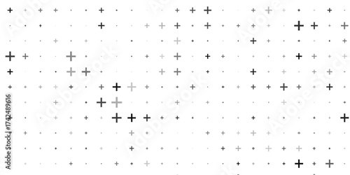 Seamless background pattern of evenly spaced black plus symbols of different sizes and opacity