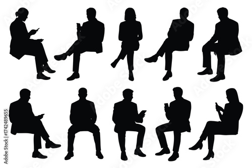 Collection of 10 diverse vector people silhouettes sitting poses scalable illustration eps iconic elements silhouette vector illustration white background