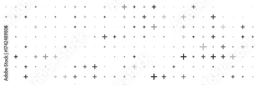 Seamless background pattern of evenly spaced black plus symbols of different sizes and opacity. Vector illustration on white background