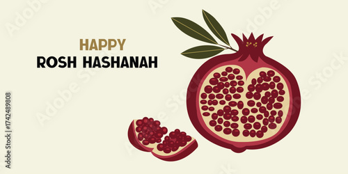Happy Rosh Hashanah Greeting with Pomegranate Fruit Vector