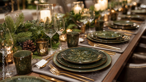 Festive and elegant Christmas dinner table setting with seasonal decor