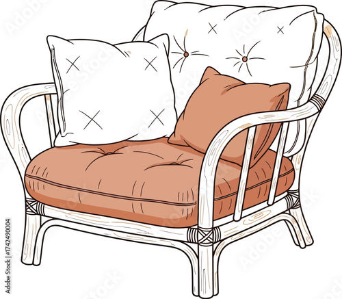 Relaxing rattan armchair illustration with comfy pillows for cozy design