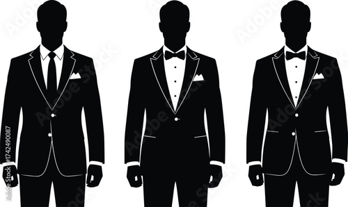Formal menswear silhouettes, suit and neckwear styles, bow tie vs necktie comparison, black vector icons, isolated on white background
