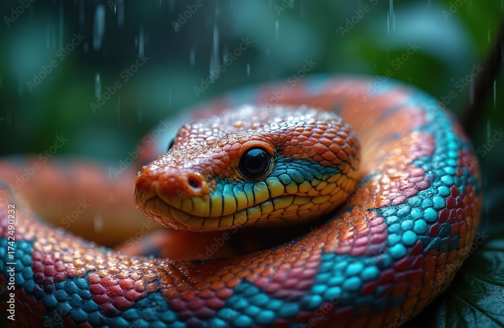 Fototapeta premium Iridescent snake coils with vibrant orange pink teal scales. Water droplets on skin during rain in jungle foliage. Macro detail of reptile eye and texture.
