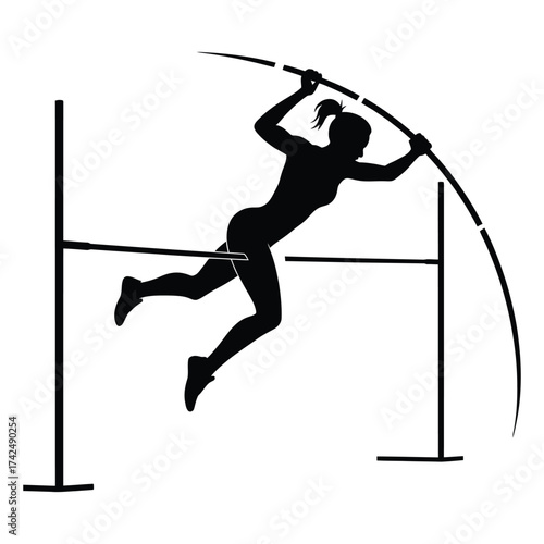 Silhouette of Female Pole Vaulter Clearing Bar – Woman Athlete Performing Jump, Strength, Speed, Focus, Track and Field Sport, and Athletic Action Illustration Isolated on White Background