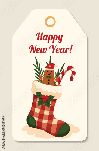 Christmas tag or price tag featuring a Christmas stocking filled with fir branches, red berries. Festive Merry Christmas label is perfect for winter wrapping of gifts, cards, merchandise, souvenirs