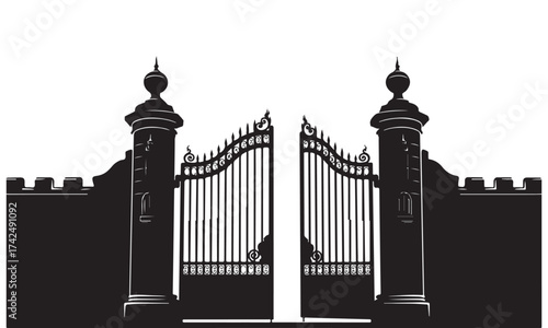 Open Grand Ornate Gate and Pillars Silhouette