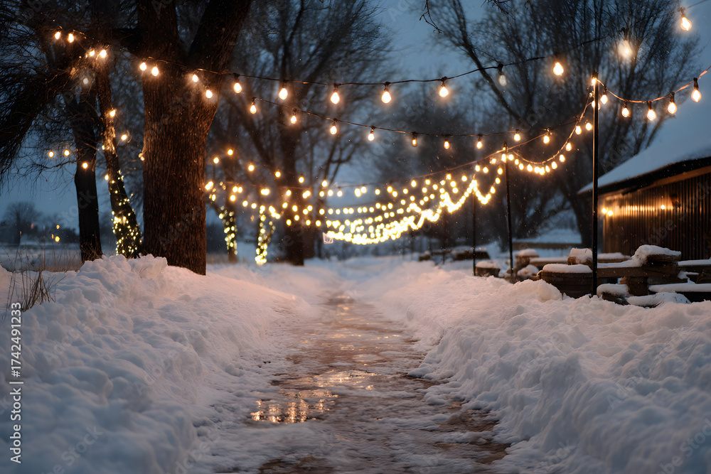 Fototapeta premium a path covered in snow with lights strung from it