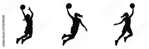 Silhouette of Female Basketball Player Jumping to Shoot Ball – Woman Athlete in Action, Sports Training, Strength, Energy, and Team Game Concept Illustration Isolated on White Background