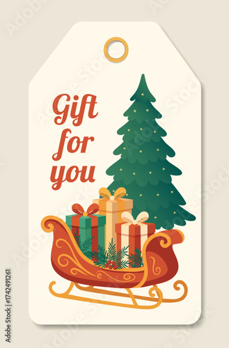 A Christmas tag or price tag featuring a colorful fairytale sleigh filled with gifts. Festive tag, with the inscription Gift for You, perfect for winter wrapping gifts, cards, merchandise, souvenirs