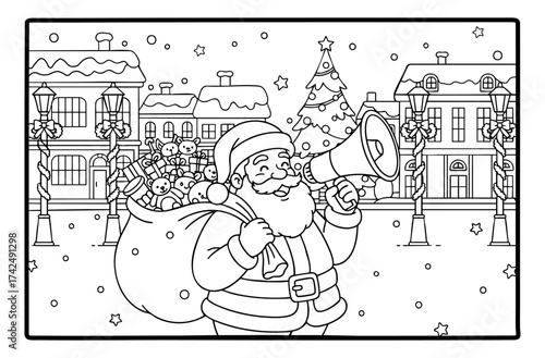 coloring page coloring book Santa Claus announcing arrival with megaphone Christmas illustration