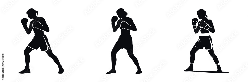 Obraz premium Silhouette of Female Boxer in Fighting Stance – Woman Athlete Wearing Gloves, Practicing Boxing, Strength, Confidence, Fitness, and Power Sports Illustration Isolated on White Background
