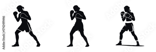 Silhouette of Female Boxer in Fighting Stance – Woman Athlete Wearing Gloves, Practicing Boxing, Strength, Confidence, Fitness, and Power Sports Illustration Isolated on White Background