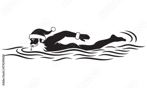 Festive Swimmer Silhouette with Santa Hat and Beard in Water
