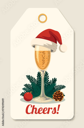 Christmas tag or price tag featuring a glass of champagne, fir branches, a pine cone, a Christmas tree bauble, Santa Claus's collar. Perfect for winter wrapping gifts, cards, merchandise, souvenirs