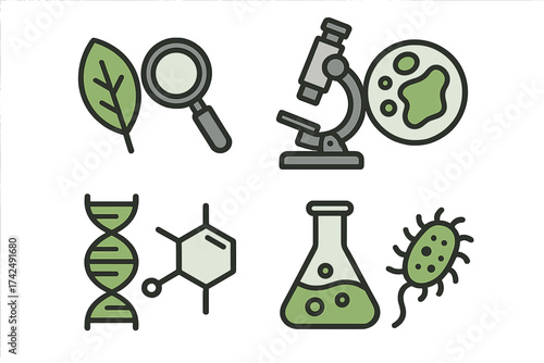 Biology and chemistry science icon set. Vector collection of lab research symbols. Microscope, DNA, molecule, bacteria, petri dish, flask icons for biotechnology design.