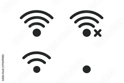 Wifi icon set vector. Wireless internet signal strength symbol. Full, medium, no connection, and error status icons. Mobile data, network hotspot connection pictogram.