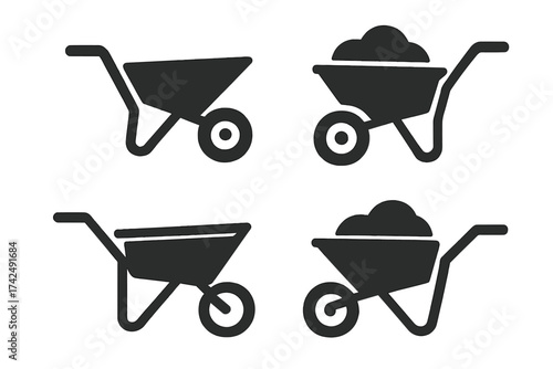 Wheelbarrow icon set vector illustration. Gardening and construction tool collection. Empty and full wheel barrow cart with soil. Black glyph silhouette farm equipment.