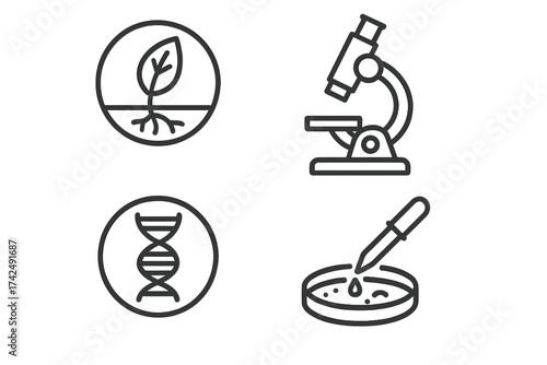 Science and biology line icon set. Vector illustration. Concepts of genetics, botany, research. DNA strand, microscope, plant sprout, petri dish with pipette experiment.