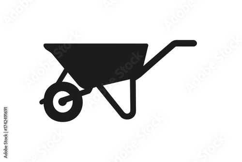 Wheelbarrow icon vector silhouette. Garden cart symbol for farming or construction. Simple black illustration of gardening and building equipment. Agricultural tool for carrying.
